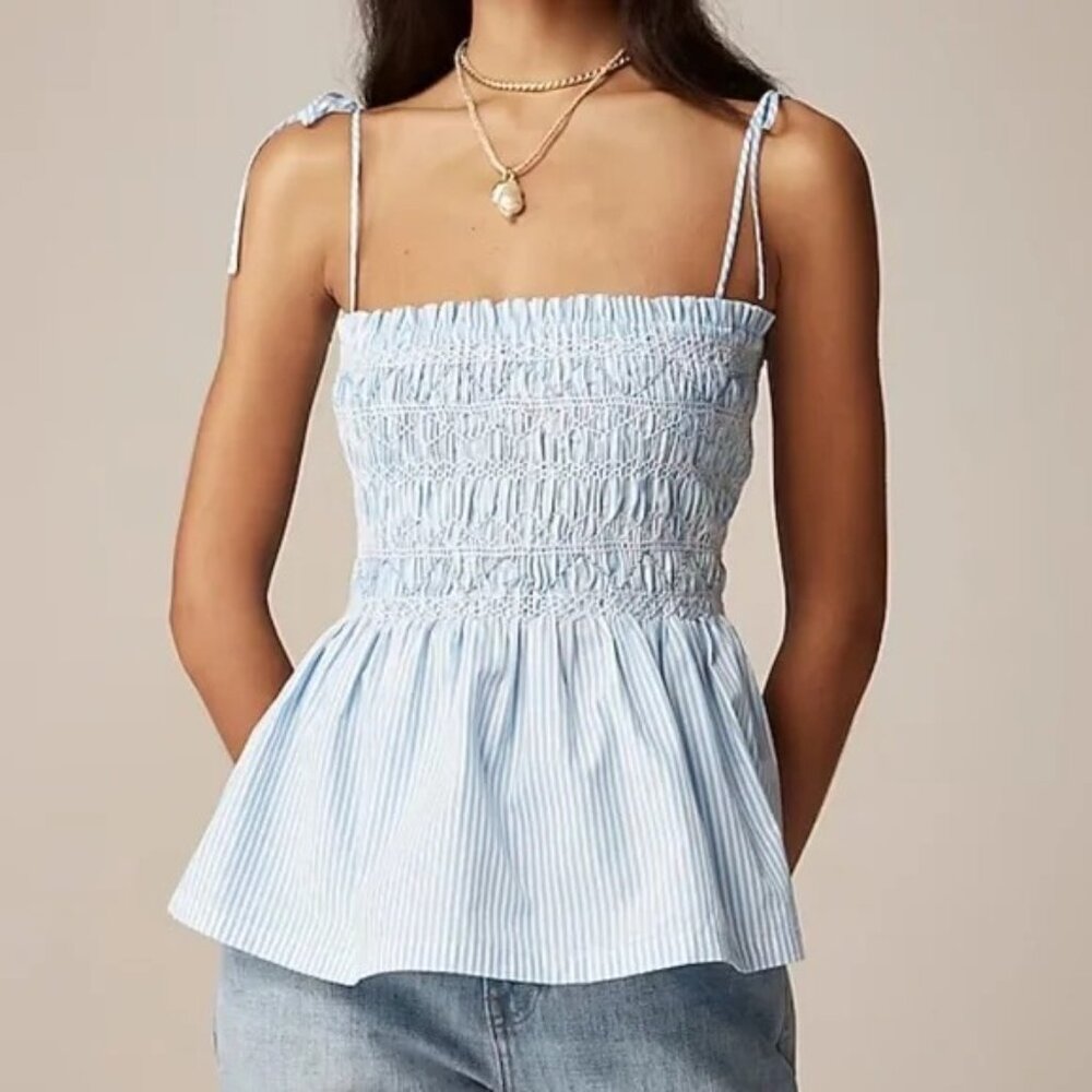 J. Crew Paloma Top Blue Pale Cerulean Stripe Smocked Cotton Sleeveless Peplum To - Picture 2 of 12